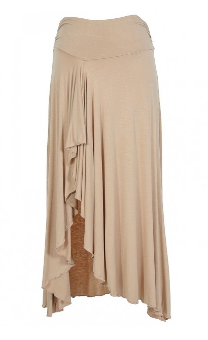 Side Slit Ruffle Maxi Skirt in Beige